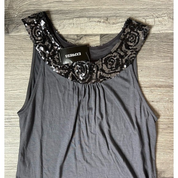 EXPRESS Charcoal Gray Sequin Trimmed Cotton Tunic Mini Dress Size S Side Pockets - Picture 3 of 10
